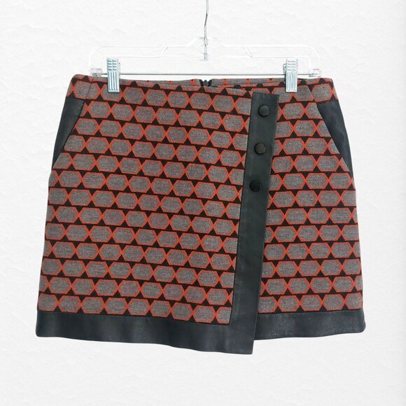 Karen Millen Skirt Wool Blend Geometric Wrap Sz 6 Mod Retro Tweed Mini Like New - Picture 1 of 13